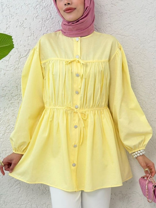 Taşlı Düğmeli Kolu Lastikli Bağlama Detaylı Gömlek -Sarı