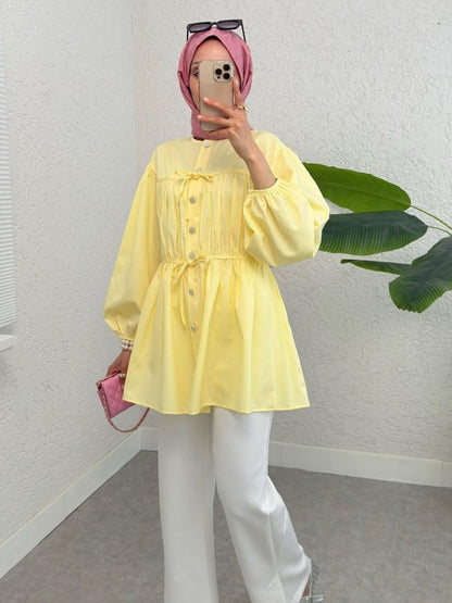 Taşlı Düğmeli Kolu Lastikli Bağlama Detaylı Gömlek -Sarı