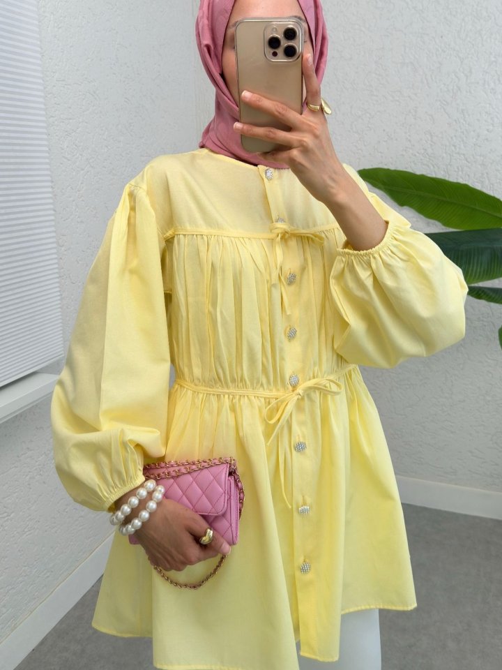 Taşlı Düğmeli Kolu Lastikli Bağlama Detaylı Gömlek -Sarı