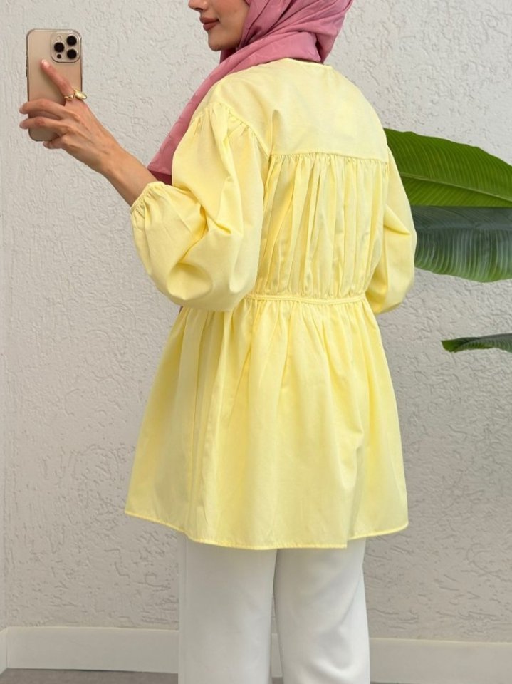 Taşlı Düğmeli Kolu Lastikli Bağlama Detaylı Gömlek -Sarı