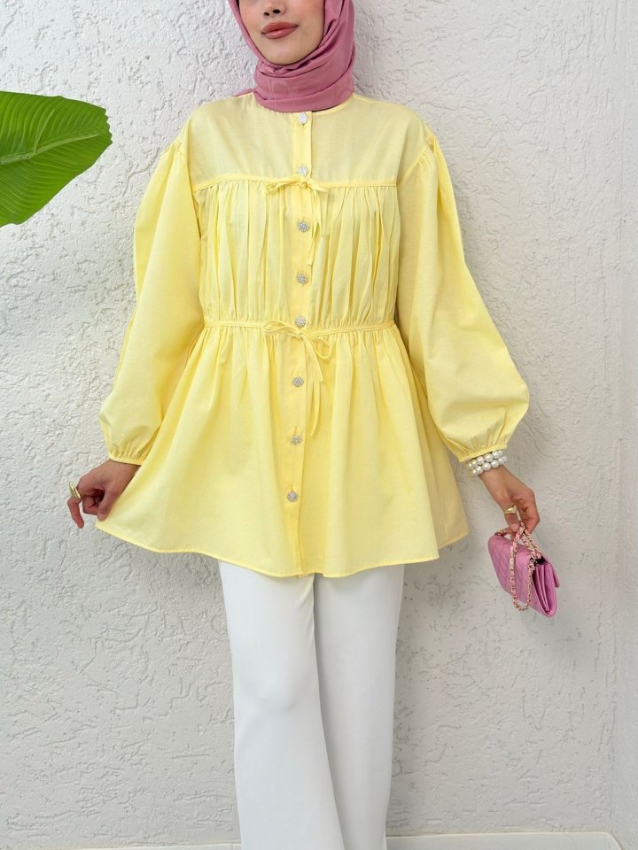 Taşlı Düğmeli Kolu Lastikli Bağlama Detaylı Gömlek -Sarı