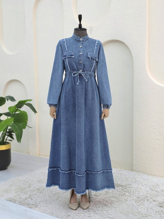 Eteği Püsküllü Tünel Bağcıklı Kot Elbise -Buz Mavi