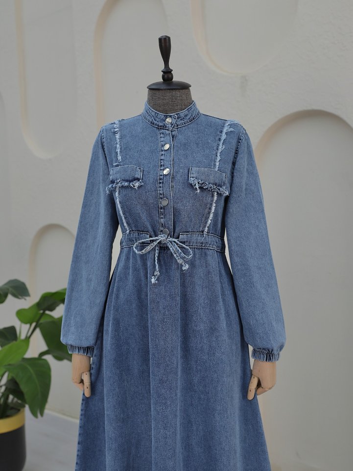 Eteği Püsküllü Tünel Bağcıklı Kot Elbise -Buz Mavi