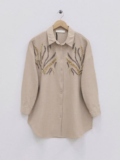 Önü Pul Payetli Uzun Gömlek -Vizon