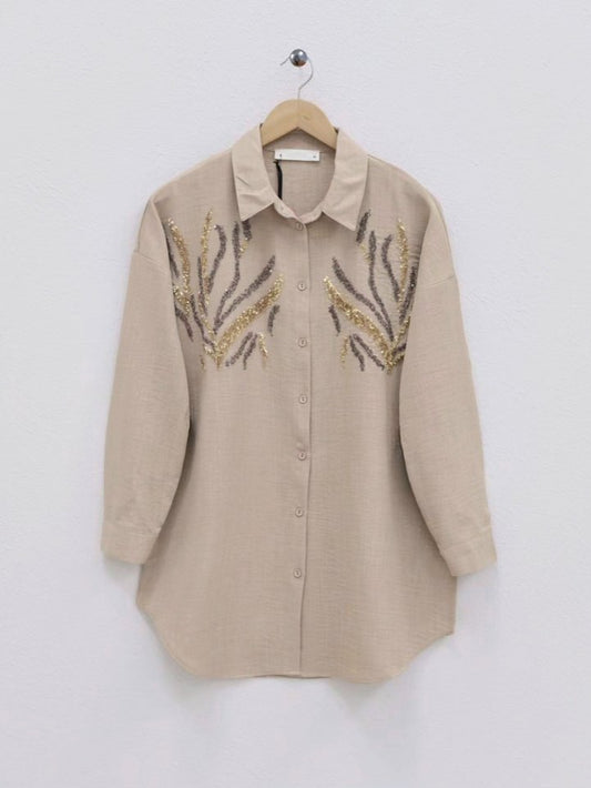 Önü Pul Payetli Uzun Gömlek -Vizon