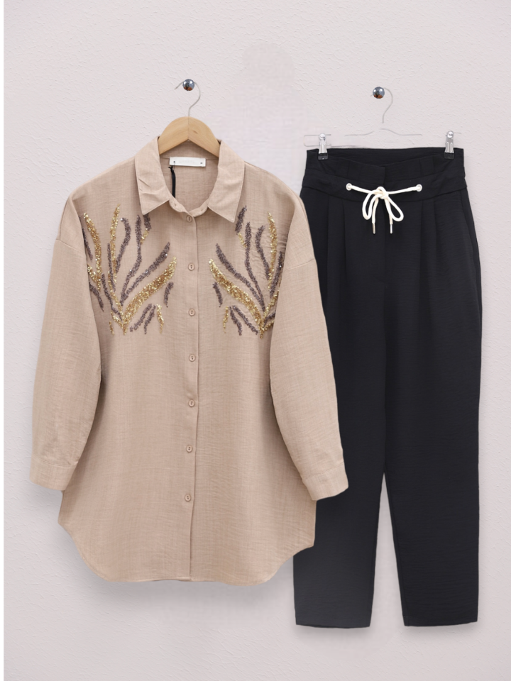 Önü Pul Payetli Uzun Gömlek -Vizon