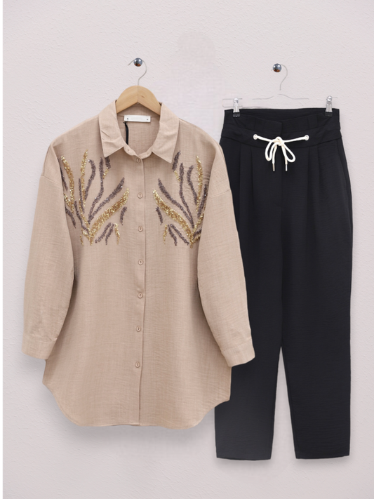 Önü Pul Payetli Uzun Gömlek -Vizon