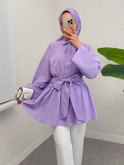 Yarım Düğmeli Beli Bağlamalı Yanı Fermuarlı Tunik -Lila