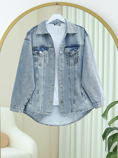 Boydan Düğmeli Cepli Kot Ceket -Buz Mavi