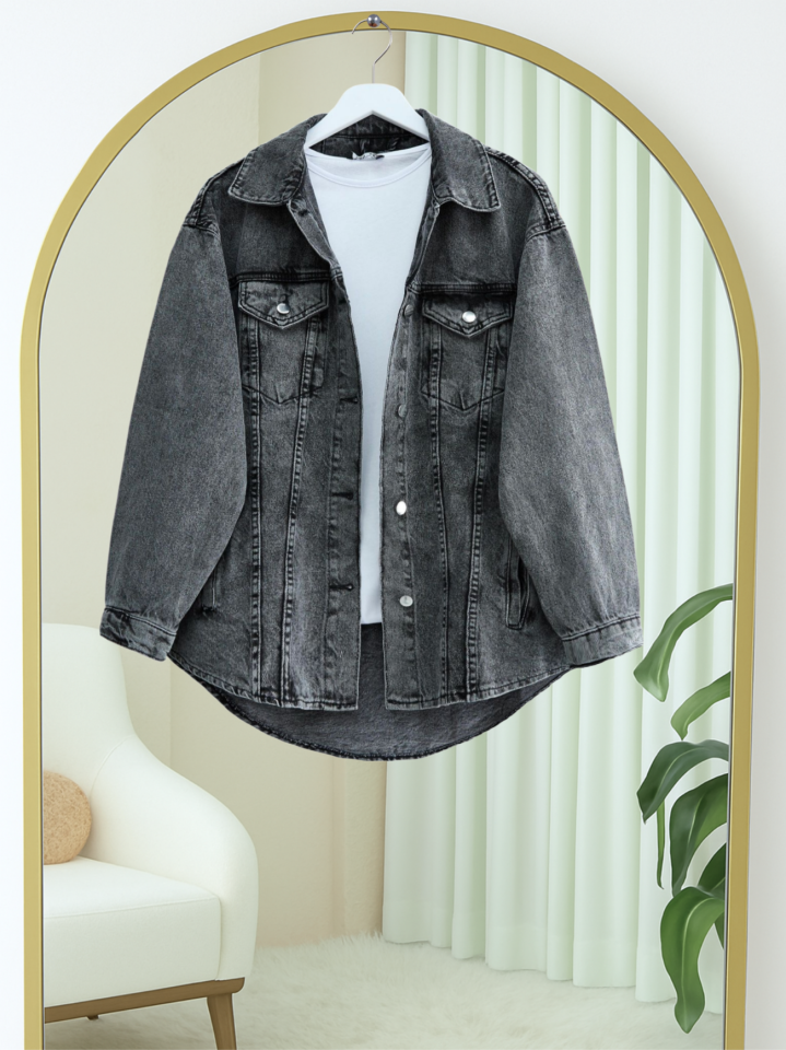 Boydan Düğmeli Cepli Kot Ceket -Füme