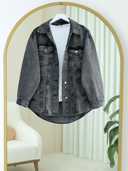 Boydan Düğmeli Cepli Kot Ceket -Füme