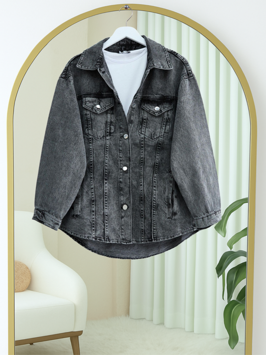 Boydan Düğmeli Cepli Kot Ceket -Füme