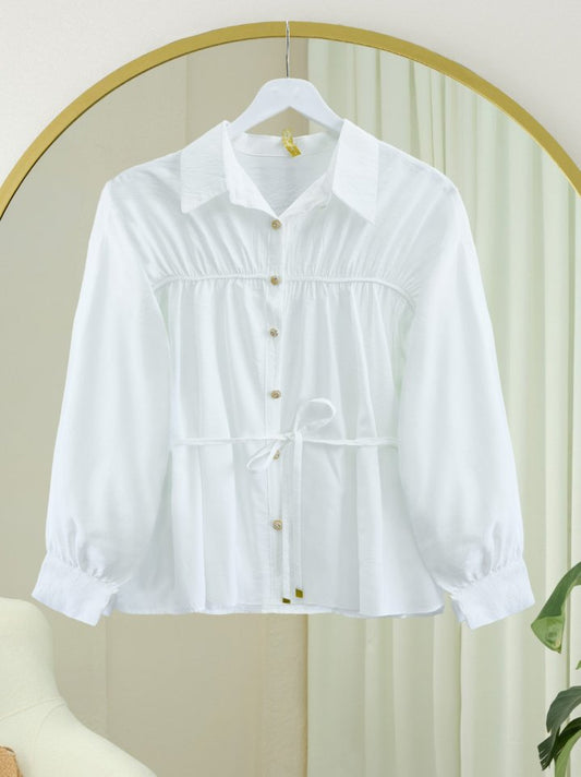 Robadan Büzgülü Beli Bağcıklı Gömlek -Beyaz