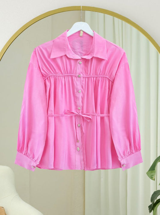 Robadan Büzgülü Beli Bağcıklı Gömlek -Pembe