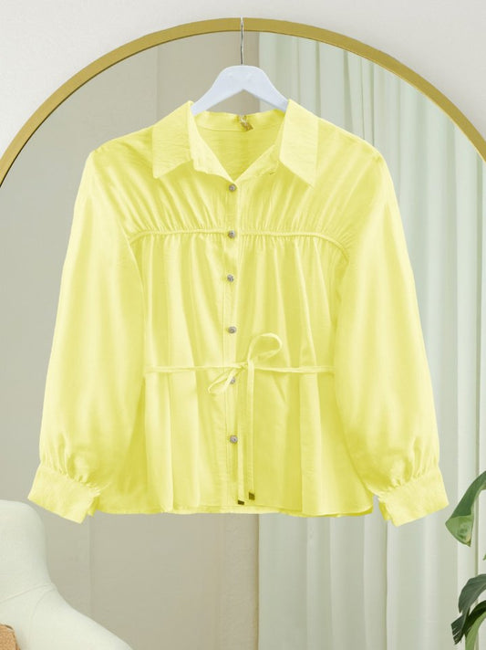 Robadan Büzgülü Beli Bağcıklı Gömlek -Sarı