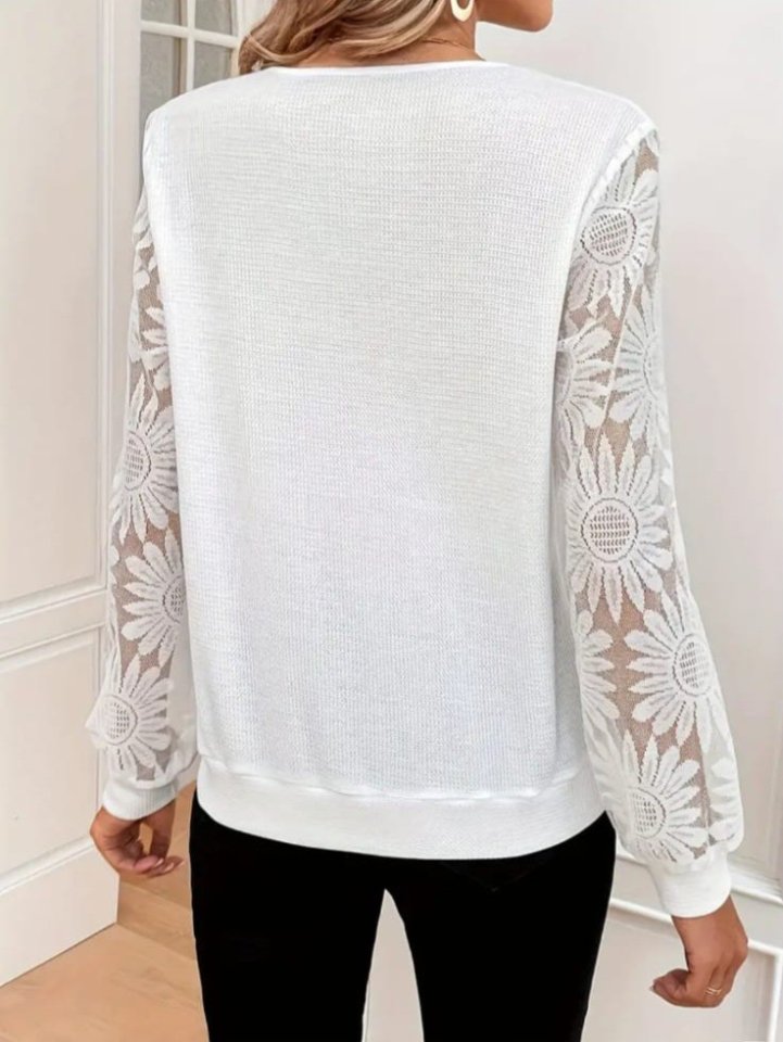 V Yaka Fistolu Kolu Tül Detaylı Bluz -Beyaz