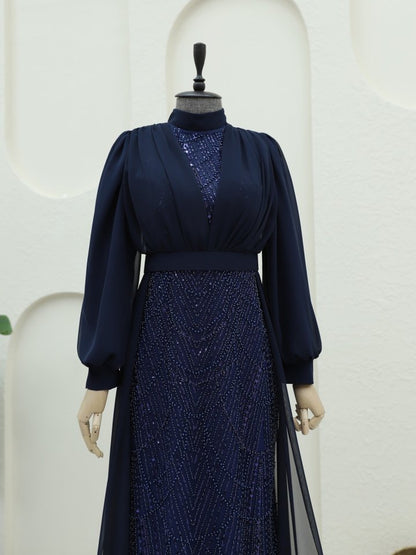 Boncuk Ve Pul Detaylı Kemerli Şifon Abiye -Laci