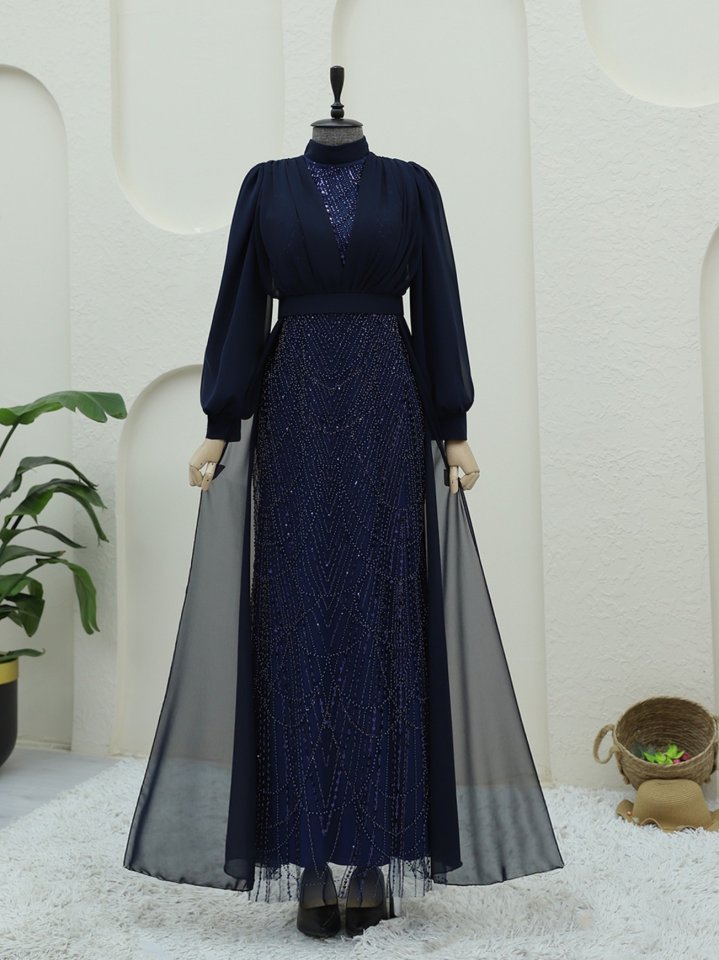 Boncuk Ve Pul Detaylı Kemerli Şifon Abiye -Laci