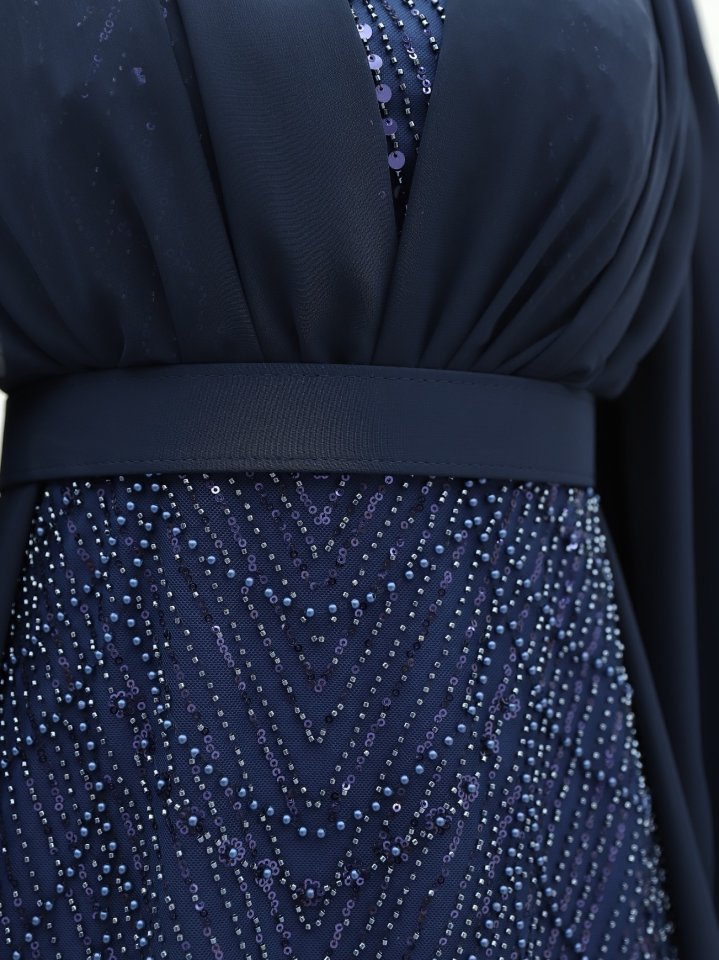 Boncuk Ve Pul Detaylı Kemerli Şifon Abiye -Laci