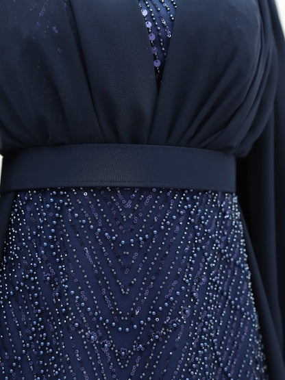 Boncuk Ve Pul Detaylı Kemerli Şifon Abiye -Laci