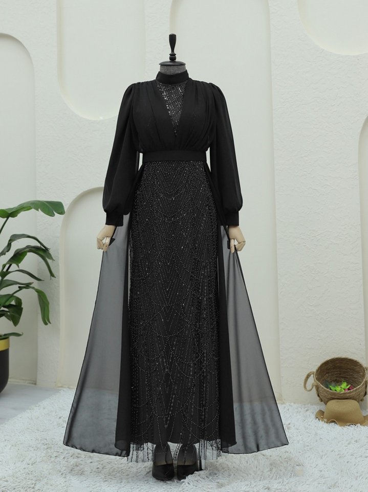 Boncuk Ve Pul Detaylı Kemerli Şifon Abiye -Siyah