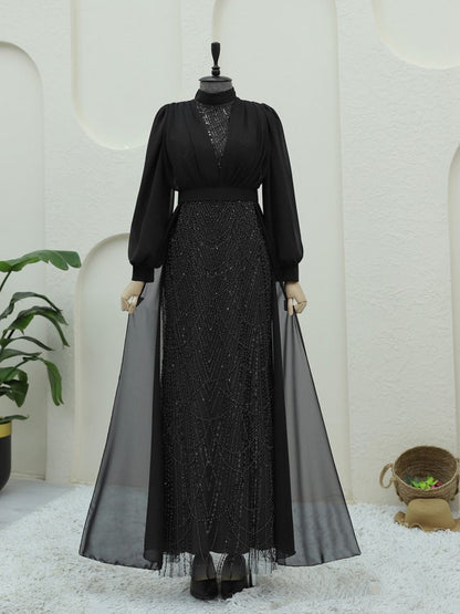 Boncuk Ve Pul Detaylı Kemerli Şifon Abiye -Siyah