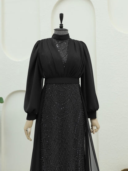 Boncuk Ve Pul Detaylı Kemerli Şifon Abiye -Siyah