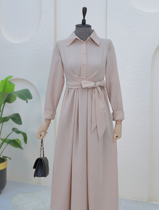 Yarım Düğmeli Önü Çapraz Bağlamalı Keten Elbise -Bej