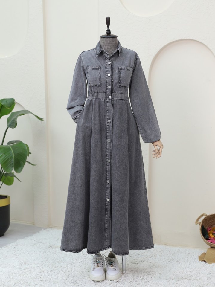 Beli Lastikli Yan Cepli Kot Elbise -Füme