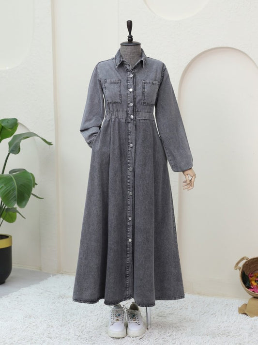 Beli Lastikli Yan Cepli Kot Elbise -Füme