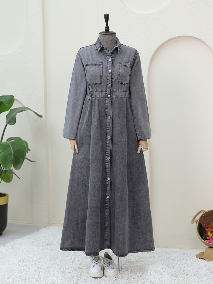 Beli Lastikli Yan Cepli Kot Elbise -Füme