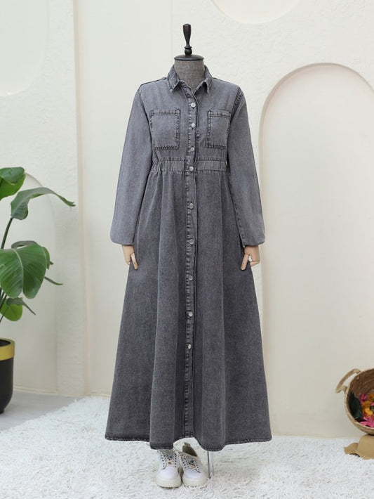 Beli Lastikli Yan Cepli Kot Elbise -Füme