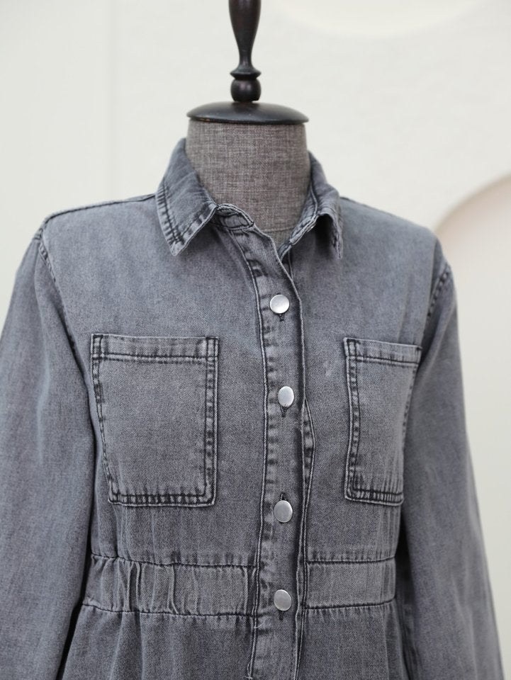 Beli Lastikli Yan Cepli Kot Elbise -Füme