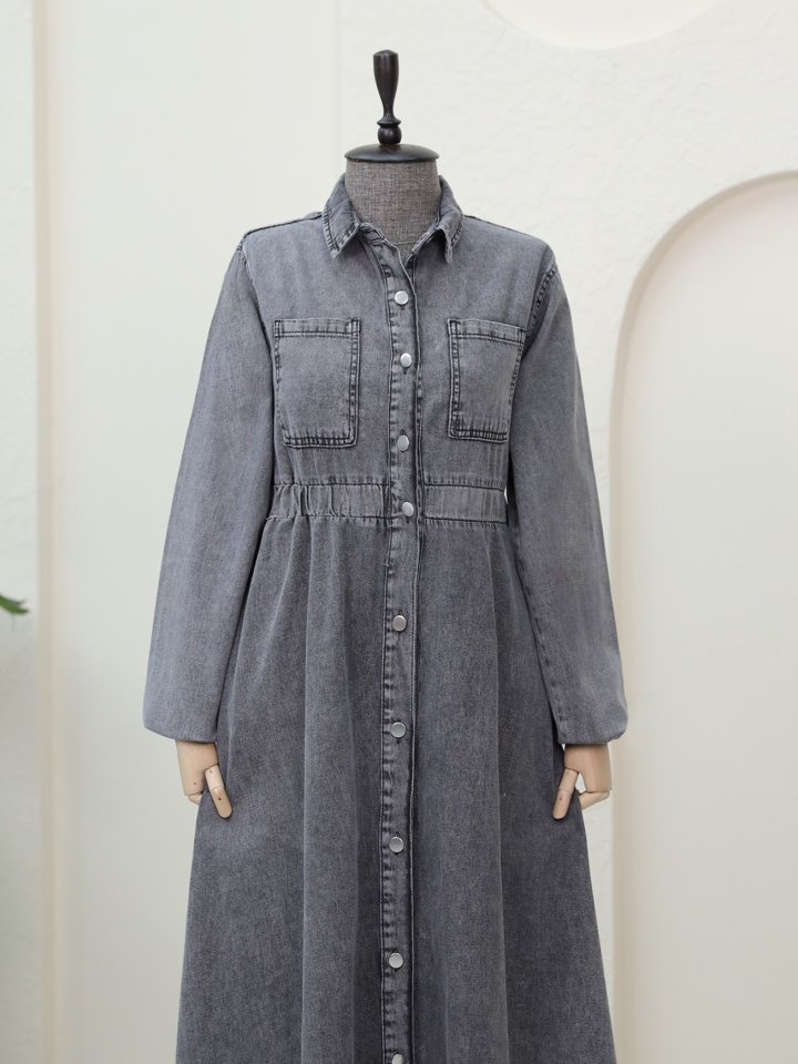 Beli Lastikli Yan Cepli Kot Elbise -Füme