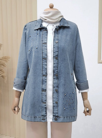 Önü Taş Detaylı Çift Cepli Kot Ceket   -Buz Mavi