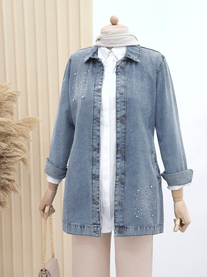 Önü Taş Detaylı Çift Cepli Kot Ceket   -Buz Mavi