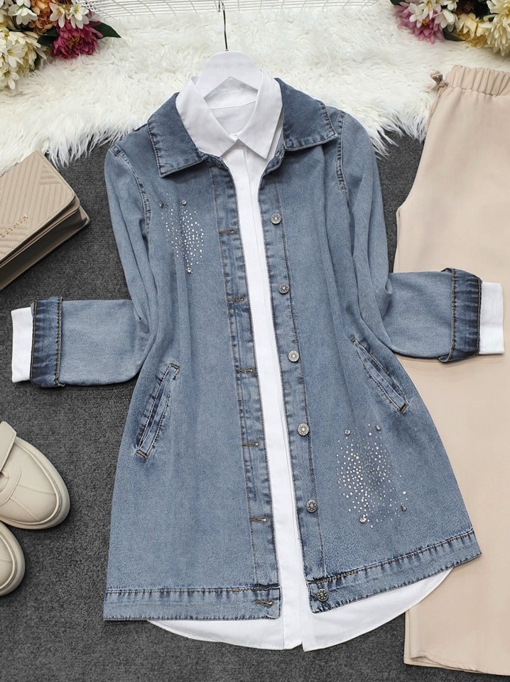 Önü Taş Detaylı Çift Cepli Kot Ceket   -Buz Mavi