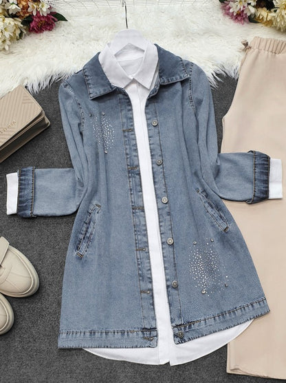 Önü Taş Detaylı Çift Cepli Kot Ceket   -Buz Mavi