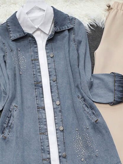 Önü Taş Detaylı Çift Cepli Kot Ceket   -Buz Mavi