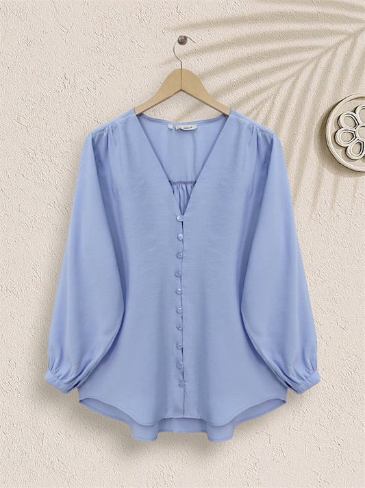 V Yaka Düğmeli Arkası Uzun Gömlek -Bebe Mavi