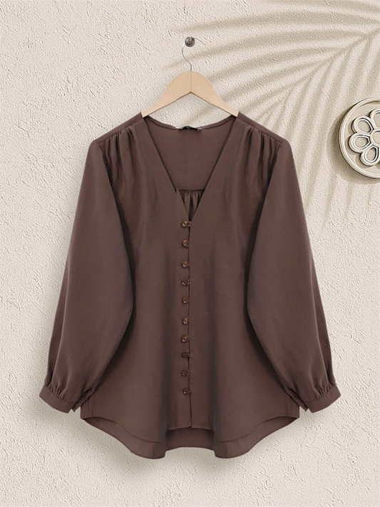 V Yaka Düğmeli Arkası Uzun Gömlek -Kahve