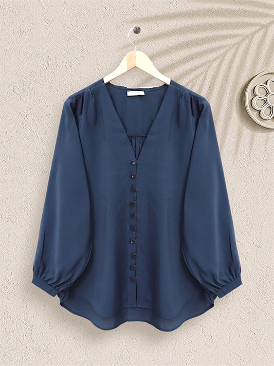 V Yaka Düğmeli Arkası Uzun Gömlek -Laci