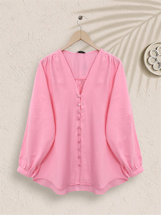 V Yaka Düğmeli Arkası Uzun Gömlek -Pembe