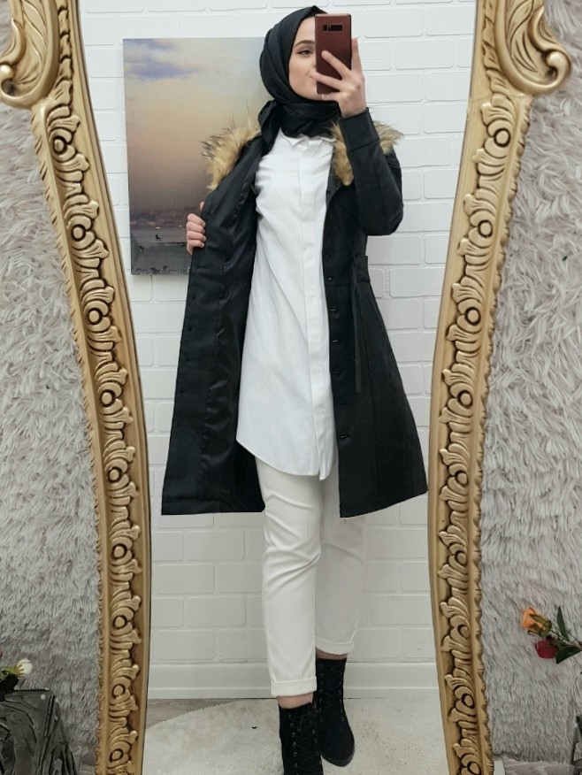 Çıkma Kürklü  Deri Mont -Siyah