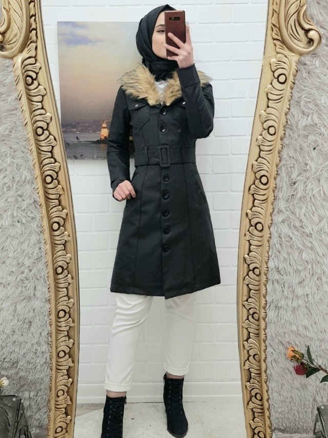 Çıkma Kürklü  Deri Mont -Siyah