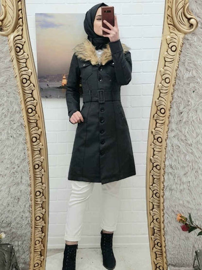 Çıkma Kürklü  Deri Mont -Siyah