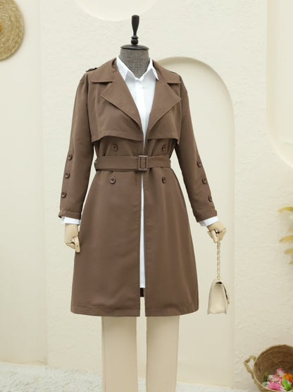 İç Astarlı Düğmeli Kemerli Trençkot  -Kahve