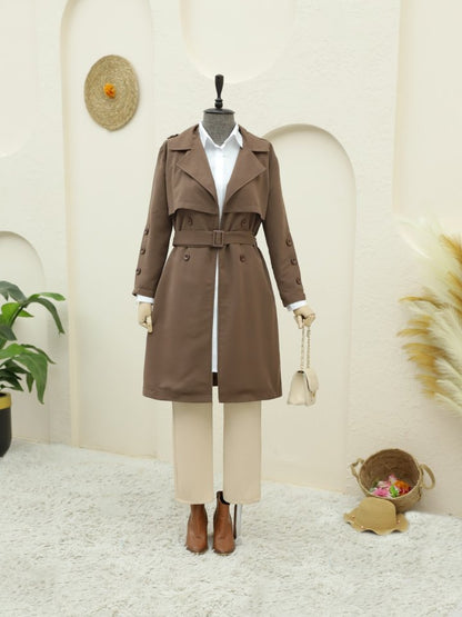 İç Astarlı Düğmeli Kemerli Trençkot  -Kahve