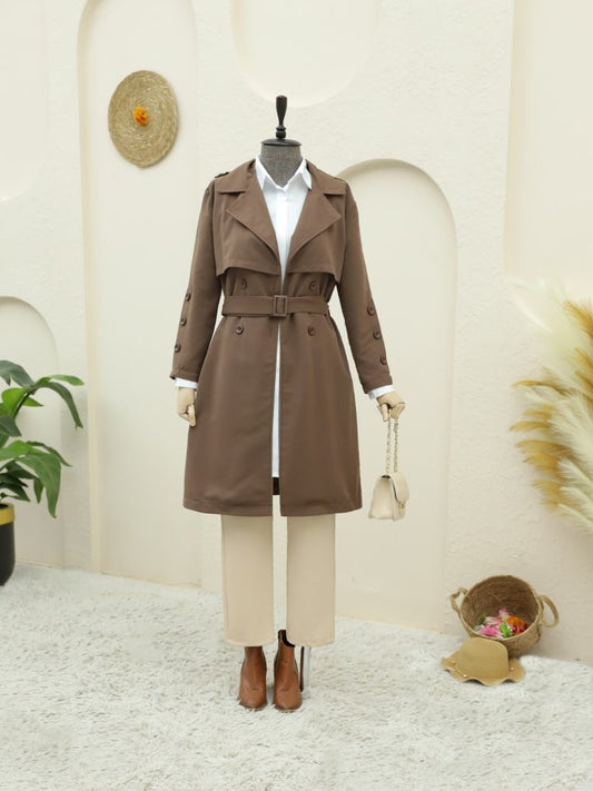 İç Astarlı Düğmeli Kemerli Trençkot  -Kahve