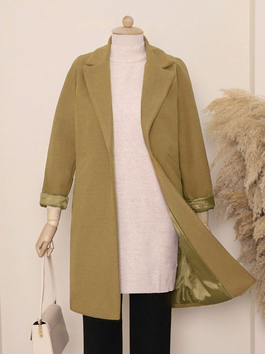 Tek Düğmeli Astarlı Kışlık Kaşe Kaban -Hardal